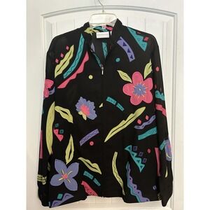 Alfred Dunner‎ Womens Black Embroidered Floral Sheer Zippered Jacket size 14